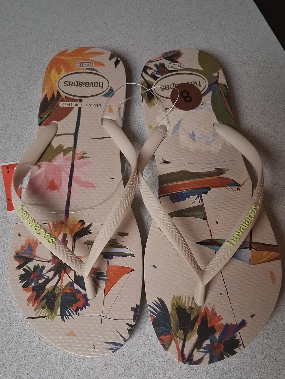 BNWT Havaianas Women's Slim Summer Bliss Beige Tropical Print Flip Flop Size 7/8